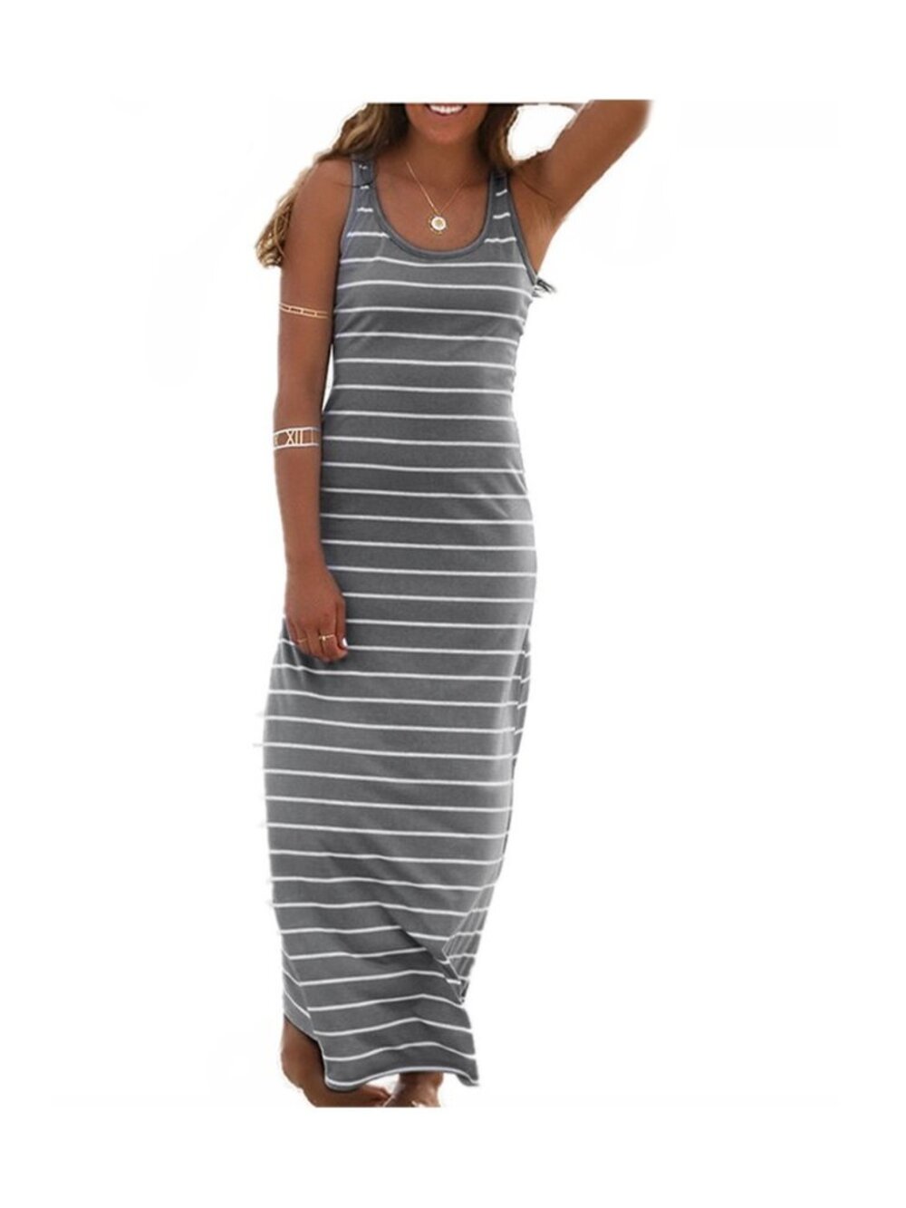 Women Sleeveless Scoop Neck Striped Maxi Sundresses Loose Racerback Long Dress